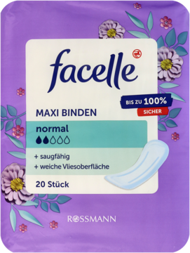 Fioletowe opakowanie podpasek facelle Maxi Binden Normal, 20 sztuk, z białym napisem i wzorem kwiatów. Widok z przodu.