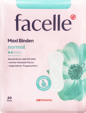 Różowe opakowanie facelle Podpaski Maxi Normal 20 szt., widok z przodu. Grafika kwiatu i padu, chłonne, komfortowe, poporodowe.