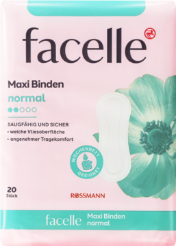 facelle Podpaski Maxi Normal 20 sztuk w różowo-zielonym opakowaniu z kwiatem, widok z przodu. Chłonne, miękka.