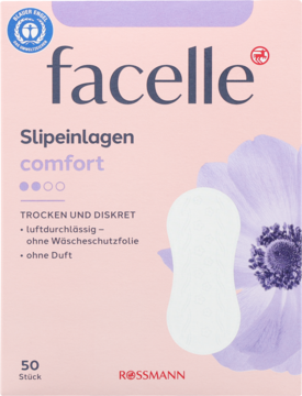 Jasnofioletowe opakowanie wkładek higienicznych facelle comfort, 50 sztuk, przewiewne, z widoczną pojedynczą wkładką, Rossmann.