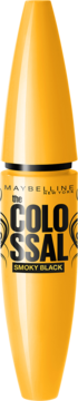 Pomarańczowy tusz Maybelline The Colossal Smoky Black w błyszczącej tubie z czarnymi napisami i spiralami.