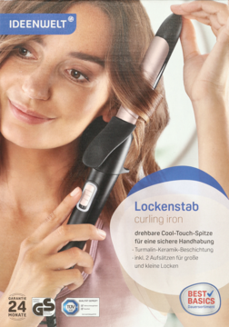Ideenwelt Lockenstab, czarno-miedziana lokówka ceramiczna z cool-touch. Kobieta trzyma produkt na pudełku.