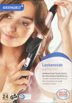Lokówka Ideenwelt, czarno-różowa, kobieta stylizuje włosy. Widok na pudełko z napisem Lockenstab.