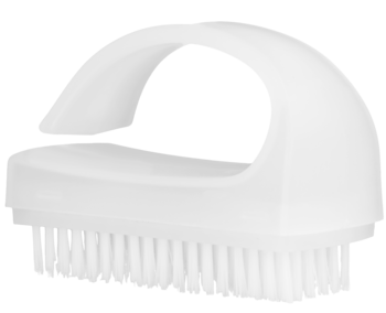 Biała szczoteczka do paznokci z ergonomiczną rączką, widok z przodu. Idealna do czyszczenia skórek.