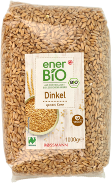 Przezroczysta torba ener BIO Dinkel (orkisz) całe ziarno 1kg Rossmann, widok z przodu na etykietę.