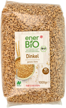 Przezroczysta torba ener BIO Dinkel (orkisz) całe ziarno 1kg Rossmann, widok z przodu na etykietę.