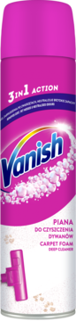 Różowa puszka Vanish Carpet Foam 3in1 Action, głęboki środek do czyszczenia dywanów, z logo i pianą.