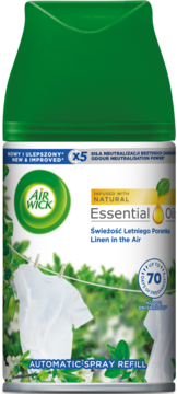 Wkład Air Wick Freshmatic Linen in the Air, białe opakowanie z zieloną nakrętką i obrazem suszącego prania.