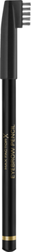 Max Factor Eyebrow Pencil w kolorze czarnym, ze szczoteczką, złoty detal, pionowy widok z przodu.