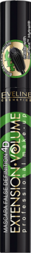 Eveline Cosmetics Extension Volume 4D mascara False Definition, czarna tubka z zielono-złotymi detalami, pionowo.