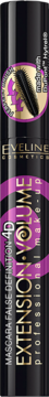 Czarny tusz Eveline Cosmetics Extension Volume 4D, pionowa butelka z różowo-złotymi napisami, widoczny aplikator.