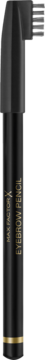 Czarna kredka Max Factor Eyebrow Pencil ze złotym detalem i szczoteczką do brwi, pionowy widok z przodu.