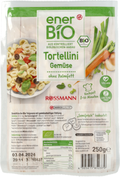 Opakowanie enerBio Tortellini warzywne 250g. Zielono-biała folia z obrazem dania i świeżych warzyw.