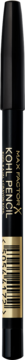 Cylindrical black Max Factor Masterpiece Kohl Kajal eyeliner, with gold text and barcode, standing upright.