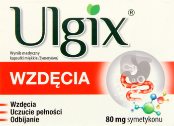 Frontal view of Ulgix Wzdęcia 80 mg symetykon box. White and red packaging with intestine illustration.