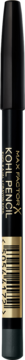 Czarny Max Factor Masterpiece Kohl Pencil ze złotymi detalami. Kredka do oczu stojąca pionowo z widocznym kodem kreskowym.