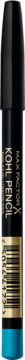 Max Factor Kohl Kajal Masterpiece, czarna kredka do oczu ze złotymi napisami i turkusowym dołem, z przodu.