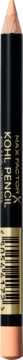 Kredka do oczu Max Factor Kohl Kajal Masterpiece, czarna ze złotym napisem i kodem kreskowym, zbliżenie.