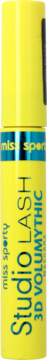 Żółty tusz do rzęs Miss Sporty Studio Lash 3D Volumythic z niebieskimi akcentami, pionowe ujęcie.