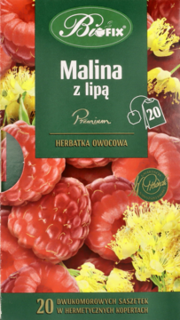 Front opakowania herbatki Bio-fix Malina z lipą, zielono-czerwone, z malinami i kwiatami lipy, zawiera 20 saszetek.