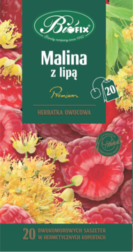 BioFix herbata owocowa malina z lipą, zielone opakowanie, z przodu grafika malin i kwiatów lipy.