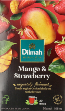 Dilmah Mango & Strawberry flavored black tea box, front view, dark red with mango and strawberry art.
