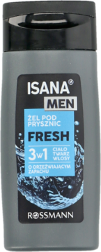 Szary żel pod prysznic Isana Men Fresh 3w1, widok z przodu, z niebieską etykietą i napisem Rossmann.