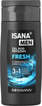 Isana Men Fresh 3w1 żel pod prysznic o orzeźwiającym zapachu, czarna butelka, widok z przodu.