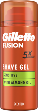 Pomarańczowy żel do golenia Gillette Fusion Sensitive z olejkiem migdałowym, pojemnik z zielonym paskiem, widok z przodu.