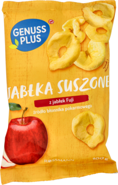 Żółte opakowanie Genuss Plus Jabłka Suszone Fuji 100g, z dużą czerwoną ilustracją jabłka i krążkami.
