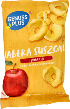 Żółte opakowanie Genuss Plus Jabłka Suszone Fuji 100g, z dużą czerwoną ilustracją jabłka i krążkami.