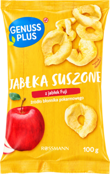 Żółte opakowanie Genuss Plus Jabłka Suszone z Fuji 100g, front z krążkami jabłek i całym jabłkiem.