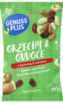Zielona torebka Genuss Plus Orzechy & Owoce 150g, z suszoną żurawiną i wiśniami. Frontalny widok na produkt Rossmann.
