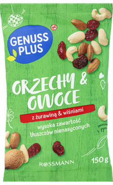 Zielona torebka Genuss Plus Orzechy & Owoce 150g, z suszoną żurawiną i wiśniami. Frontalny widok na produkt Rossmann.