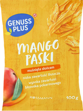 Żółte opakowanie Genuss Plus Mango Paski 100g, suszone plastry mango i świeży owoc, logo Rossmann.