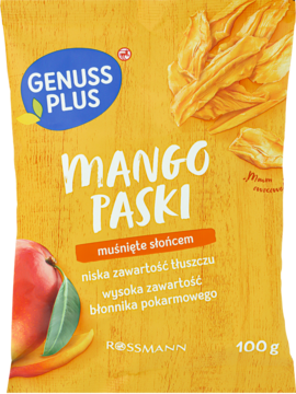 Żółte opakowanie Genuss Plus Mango Paski 100g, suszone plastry mango i świeży owoc, logo Rossmann.