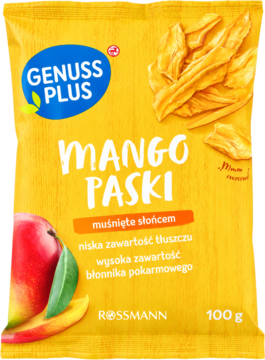 Żółta torebka Genuss Plus Mango Paski, suszone owoce mango, 100g, z niską zawartością tłuszczu. Widok z przodu.