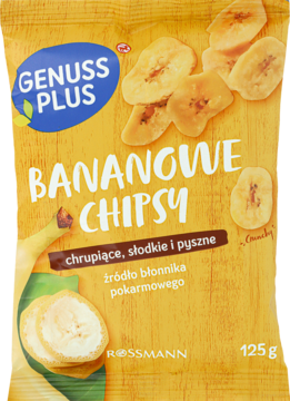 Żółte opakowanie chipsów bananowych Genuss Plus Rossmann 125g, z napisem "chrupiące, słodkie i pyszne", widok z przodu.