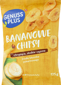 Żółte opakowanie chipsów bananowych Genuss Plus Rossmann 125g, z napisem "chrupiące, słodkie i pyszne", widok z przodu.