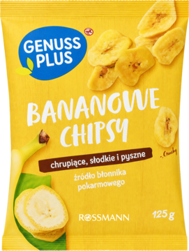 Żółta paczka Genuss Plus, słodkie, chrupiące chipsy bananowe, widok z przodu, z obrazkiem złotych plastrów.