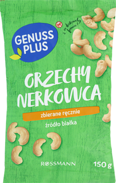 Zielona, teksturowana torebka Orzechy Nerkowca Genuss Plus od Rossmann, 150g, z rozsypanymi białymi orzechami. Widok z przodu.