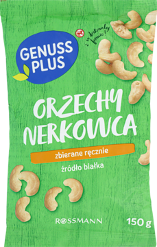 Zielona, teksturowana torebka Orzechy Nerkowca Genuss Plus od Rossmann, 150g, z rozsypanymi białymi orzechami. Widok z przodu.