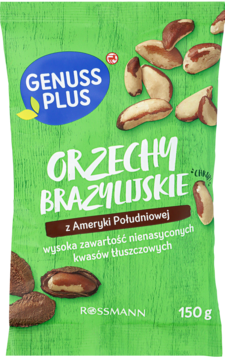 Zielone opakowanie Genuss Plus Orzechów Brazylijskich 150g, z orzechami, wysoka zawartość nienasyconych kwasów.