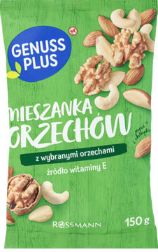 Zielona torebka Genuss Plus Mieszanka Orzechów 150g, z widocznymi orzechami i napisem "źródło witaminy E".