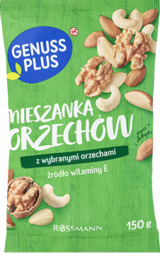 Zielona torebka Genuss Plus Mieszanka Orzechów 150g, z widocznymi orzechami i napisem "źródło witaminy E".