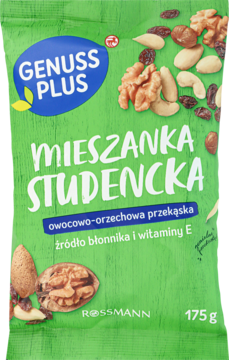 Zielona torebka MIESZANKA STUDENCKA GENUSS PLUS Rossmann, widok z przodu, z orzechami i rodzynkami.
