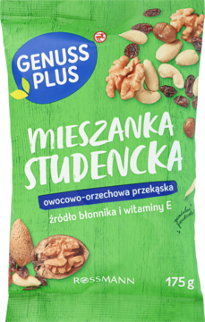 Zielona torebka MIESZANKA STUDENCKA GENUSS PLUS Rossmann, widok z przodu, z orzechami i rodzynkami.