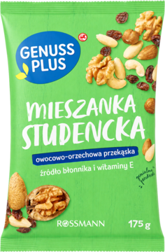 Zielona torebka GENUSS PLUS MIESZANKA STUDENCKA 175g z orzechami i rodzynkami, widok z przodu.
