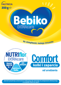 Opakowanie mleka Bebiko Comfort NUTRIflor EXTRAcare, żółto-niebieskie, na kolki i zaparcia, od urodzenia, 350g.