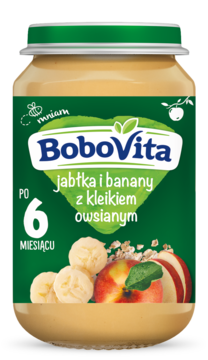 Słoik BoboVita jabłka i banany z kleikiem owsianym, zielona etykieta z owocami, widok z przodu.